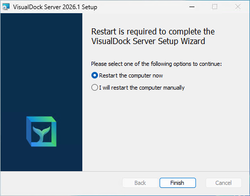 Reboot your windows machine to finalize the install of visualdock server