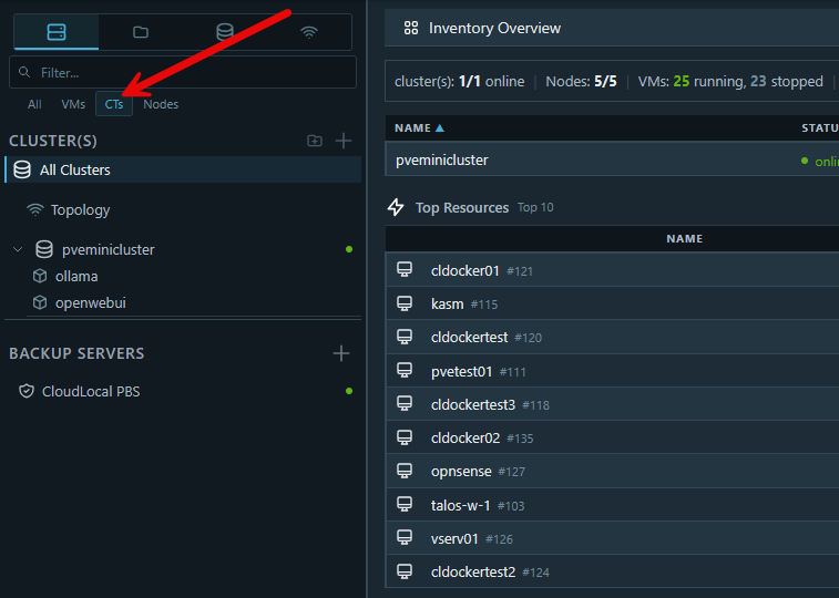 Viewing lxc containers running inside of proxmox