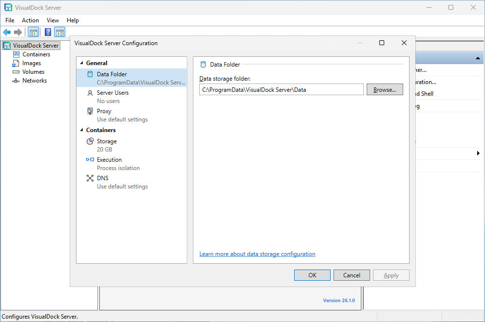Viewing the visualdock server settings
