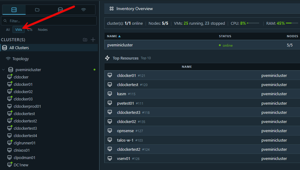 Viewing vms running in a proxmox environment
