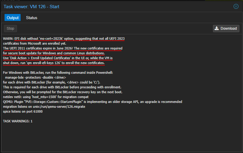 Warning on the uefi boot certificates in proxmox
