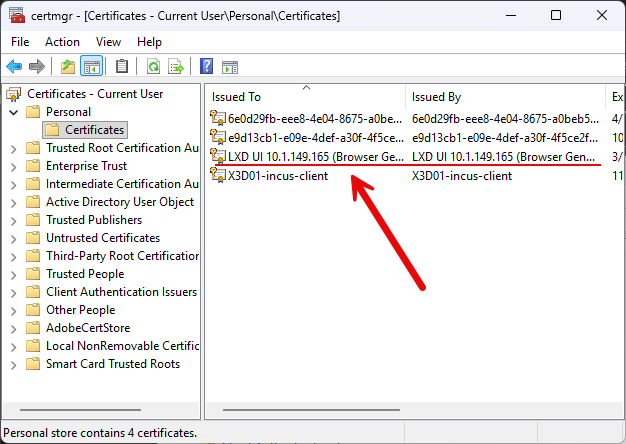 Lxd certificate imported in windows to access in a browser