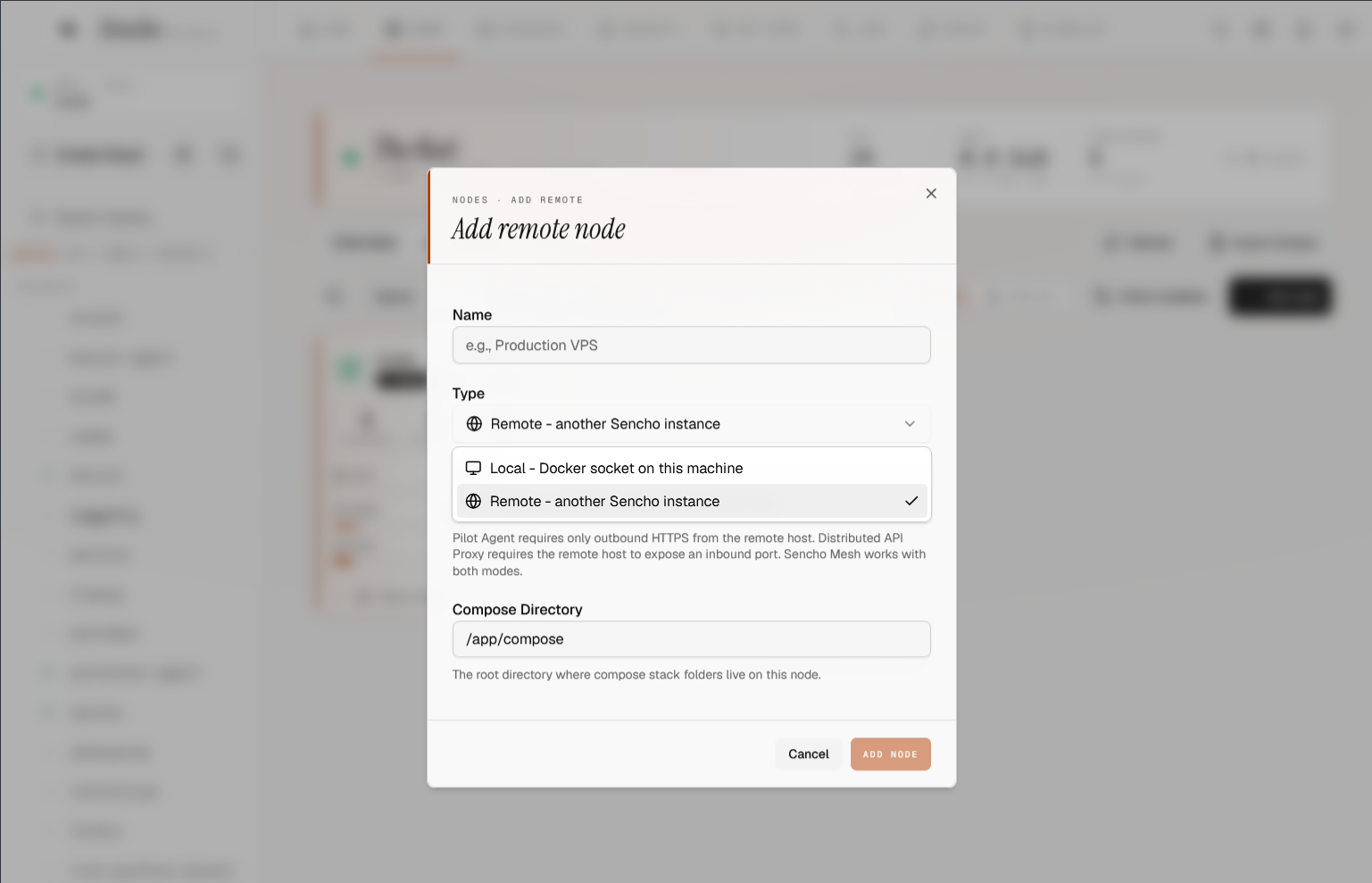 Adding a remote node in sencho