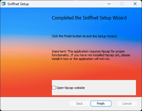 After completing the sniffnet installer in windows