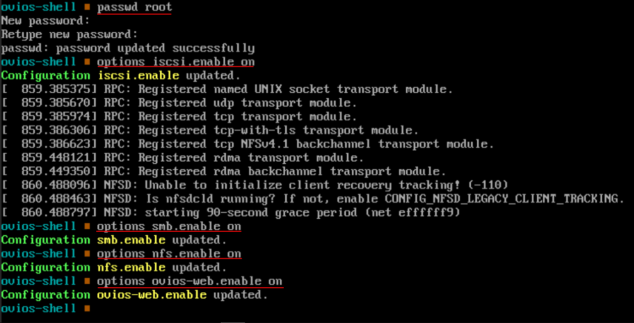 Changing password and enabling services in ovios