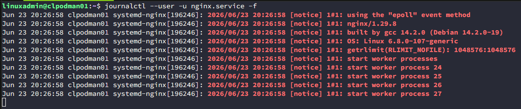 Checking the logs for nginx service in podman quadlet