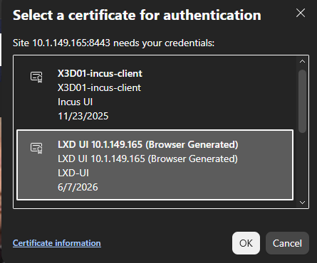 Choosing the imported certificate for access