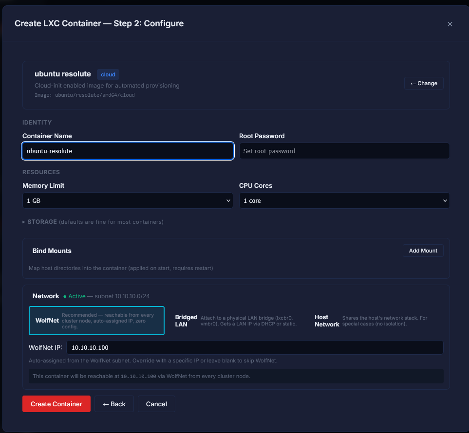 Configuring the new lxc container settings