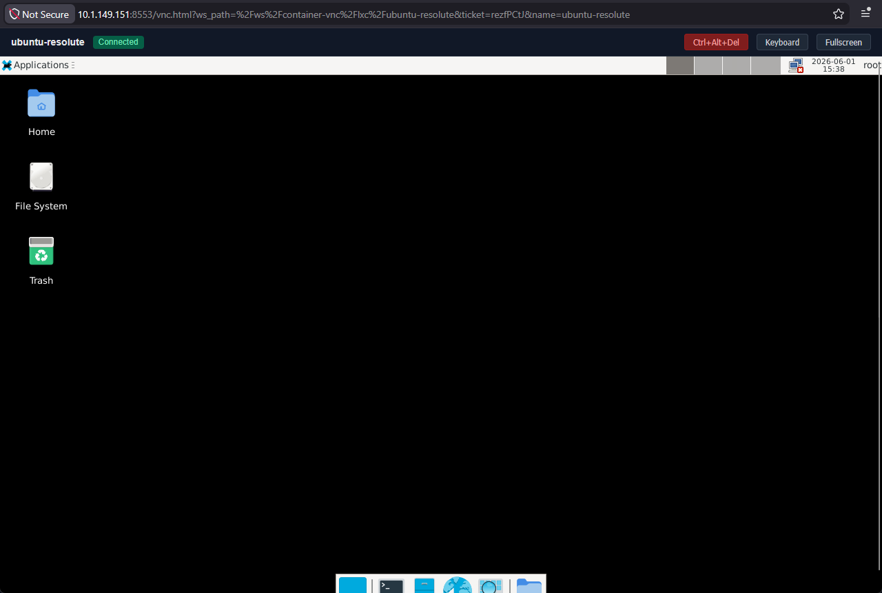Connected via vnc to the ubuntu resolute container