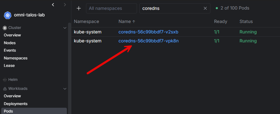 Coredns running in my talos linux kubernetes cluster
