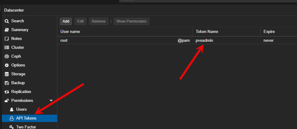 Create an api token to use for the connection with pvectl