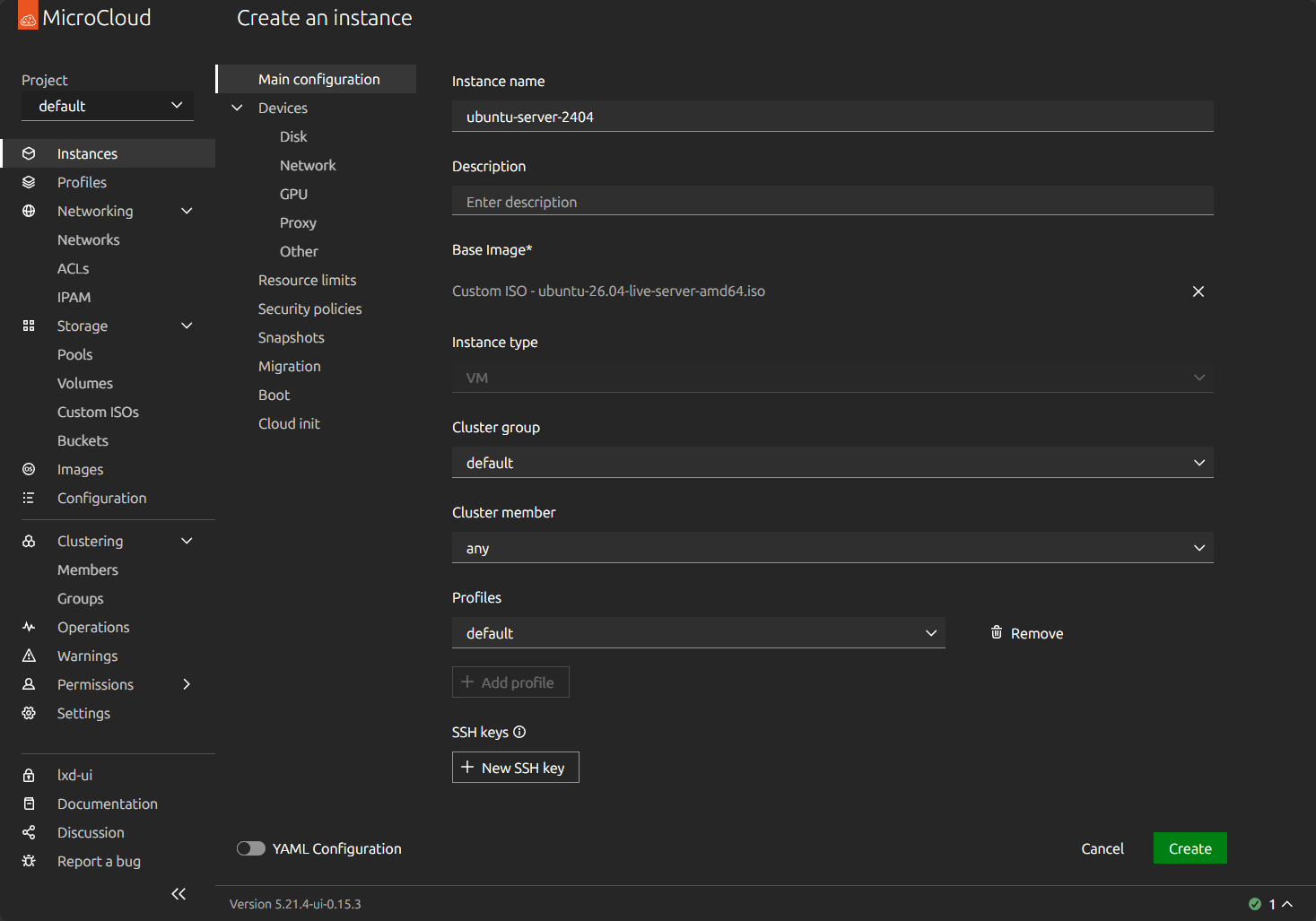 Creating a new instance in microcloud