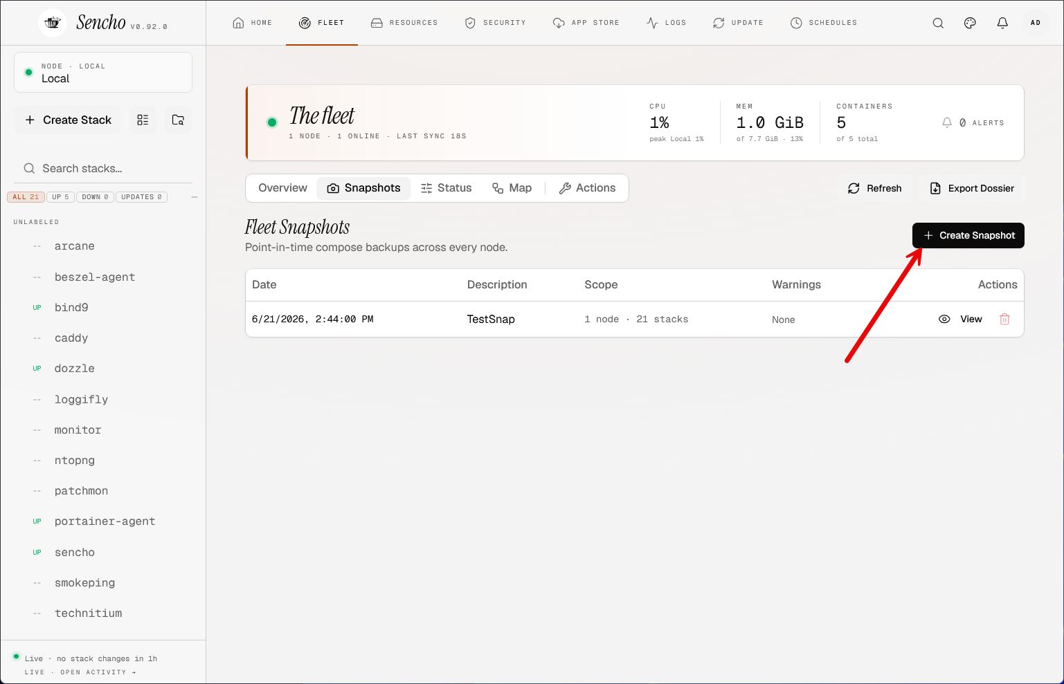 Creating a new snapshot under the fleet management
