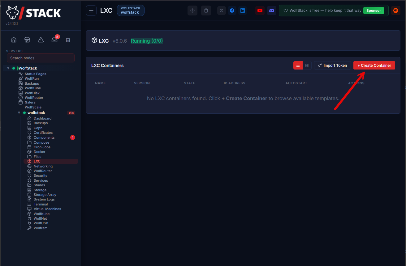 Creating an lxc container in wolfstack