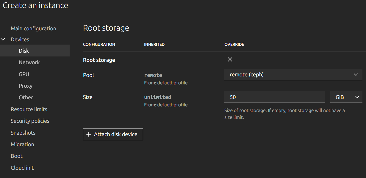 Creating root storage for a new instance in microcloud