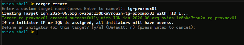 Defining a target for iscsi in ovios