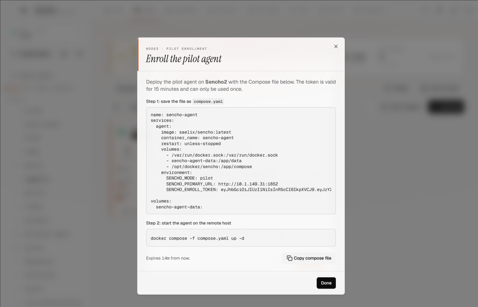 Enrolling the pilot agent using the docker compose command