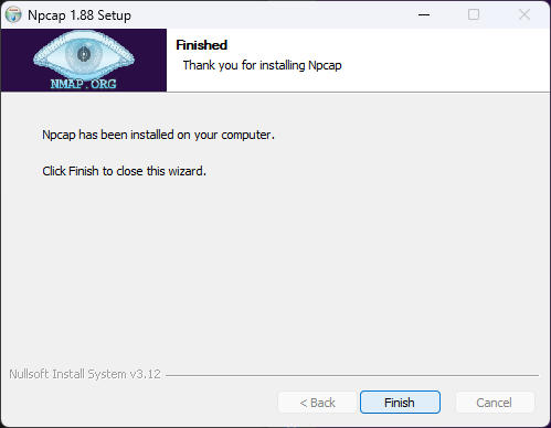 Finishing the npcap install in windows