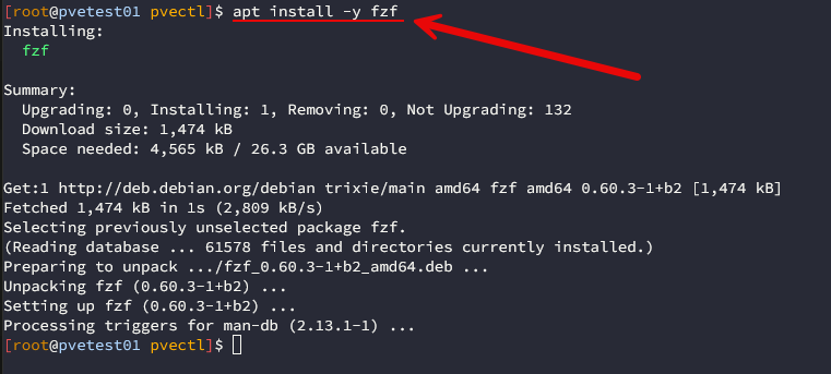 Installing fzf in proxmox ve server 9