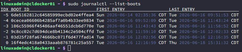 Journalctl list boots command