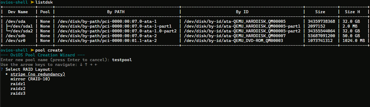 Listing disks and creating a pool