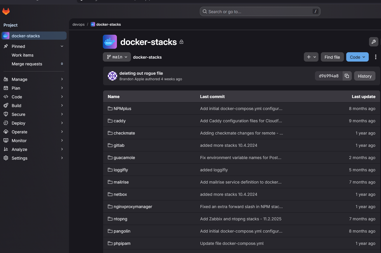 Locally hosted docker stacks repository running in gitlab