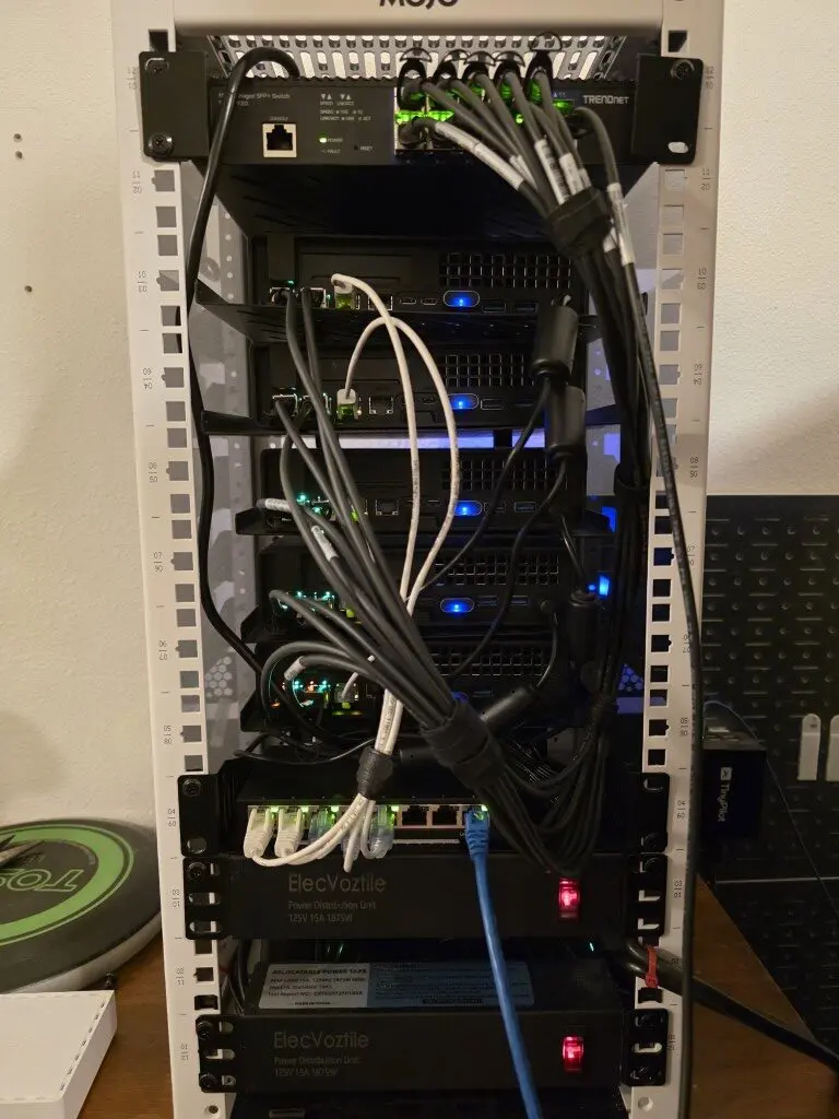 Mini rack from the back with 10 gig networking