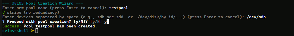Naming the pool and adding disks in ovios