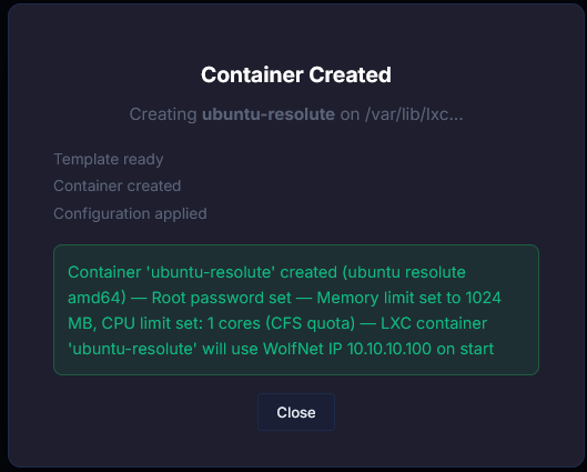 New wolfstack lxc container is created successfully