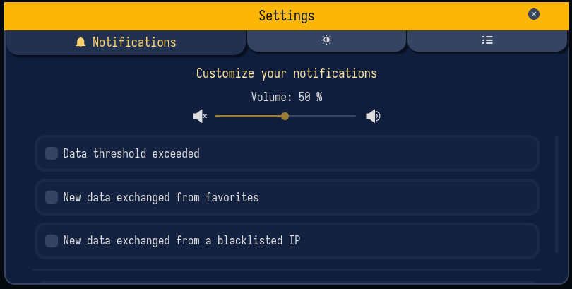 Notifications configured in the settings of sniffnet