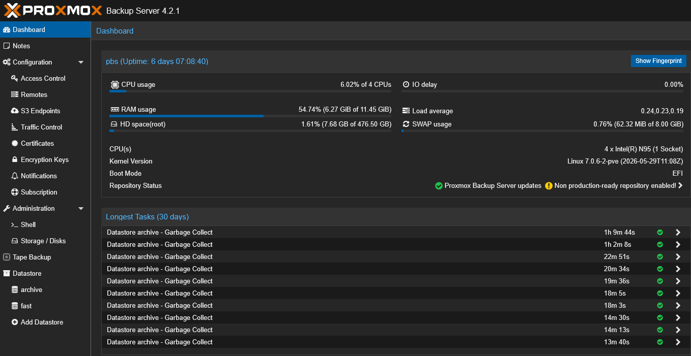 Proxmox backup server running in the home lab