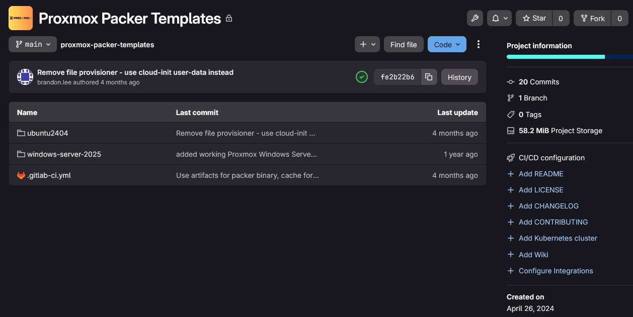 Proxmox packer templates in home lab git repo