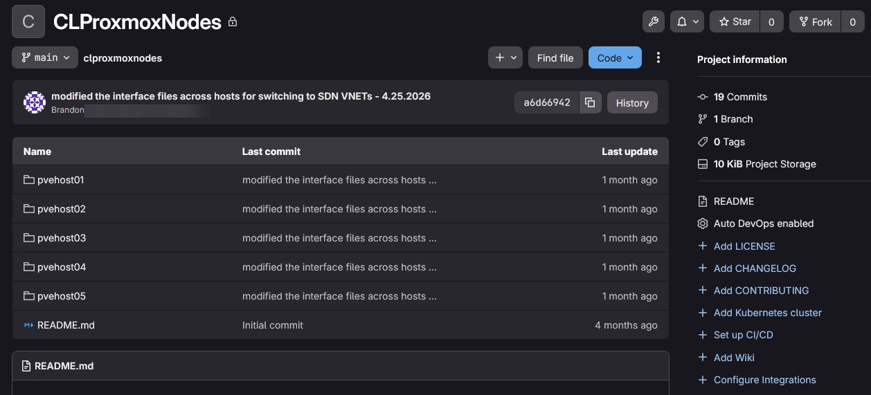 Proxmox pve host configurations stored in home lab git repo