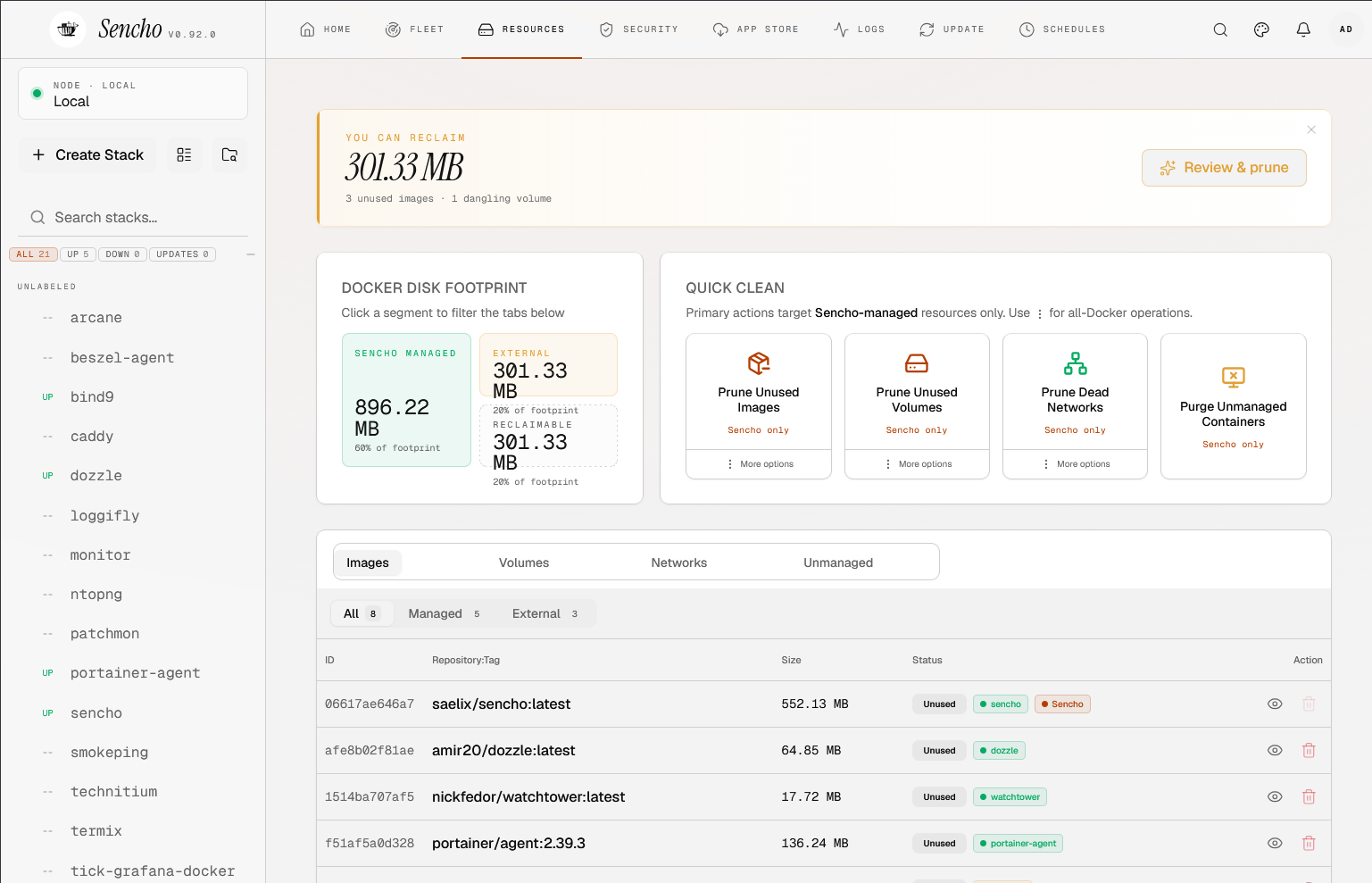 Resources view for docker container stacks in sencho