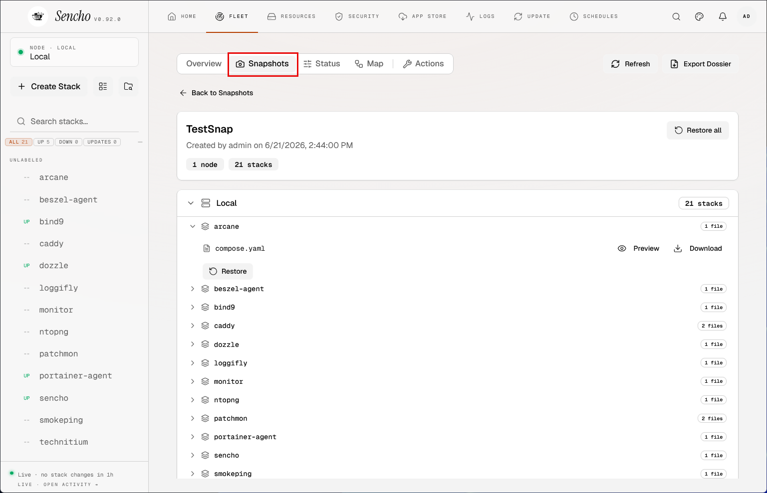 Restore all snapshots or restore a specific docker compose stack