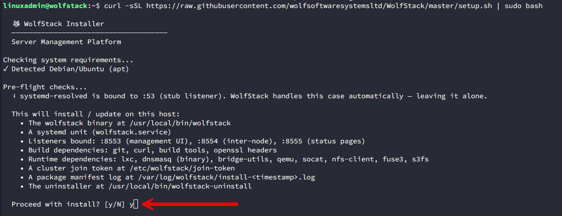 Running the installation script for wolfstack