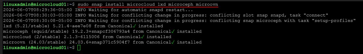 Running the snap command to install microcloud on a node