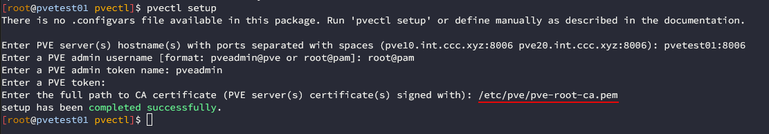 Running through the pvectl setup command