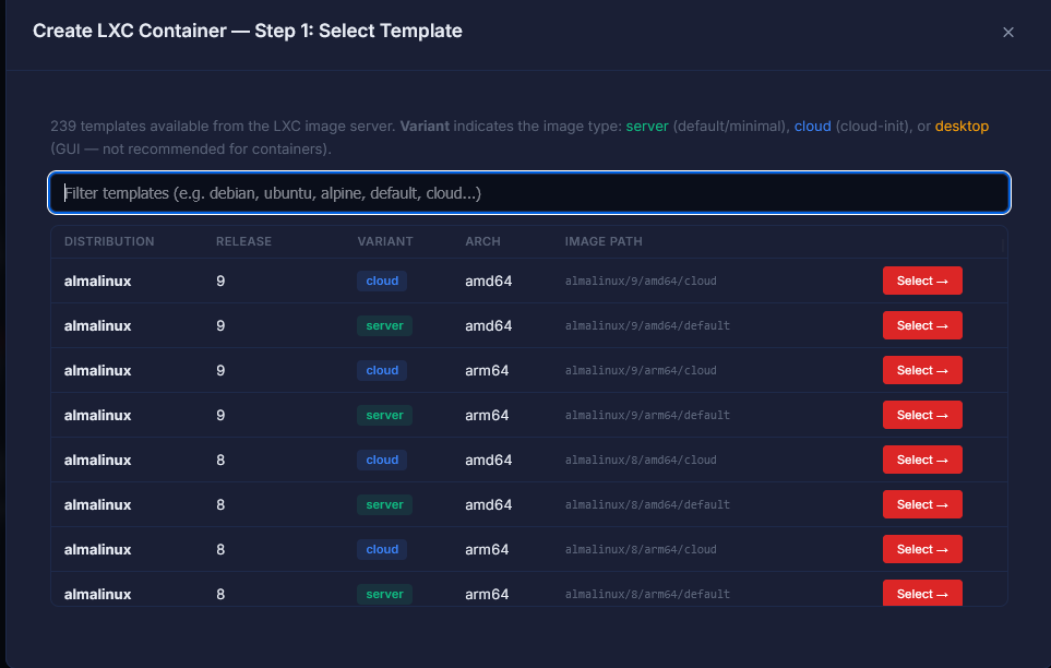 Select template for the lxc template