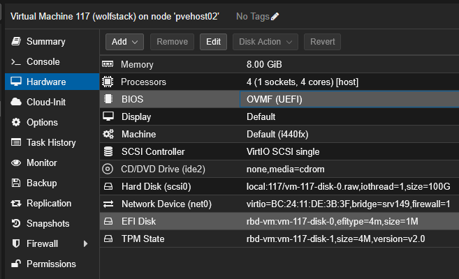 Settings for my wolfstack vm running inside proxmox