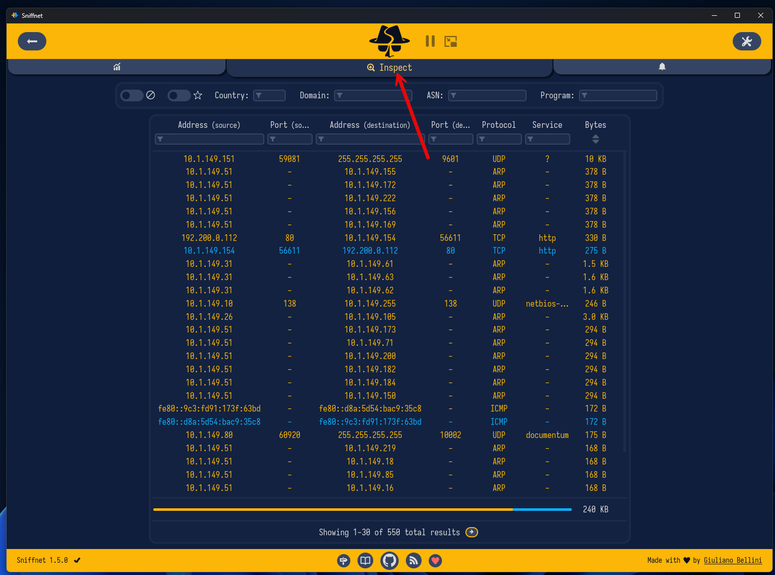 Sniffnet inspect screen with various filters to choose from