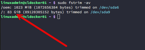 Space trimmed on a linux vm with a manual trim operation