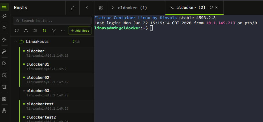Sshing to one of my docker container hosts in the home lab