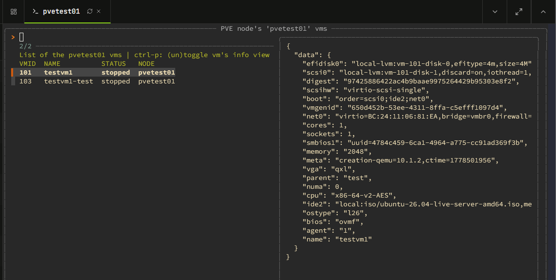 Toggling the info view for a virtual machine in pvectl