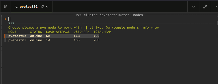 Top level in pvectl shows you the proxmox nodes view