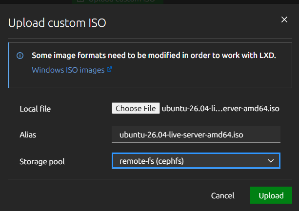 Uploading an iso image for installing a virtual machine
