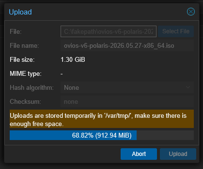 Uploading ovios v6 iso to proxmox