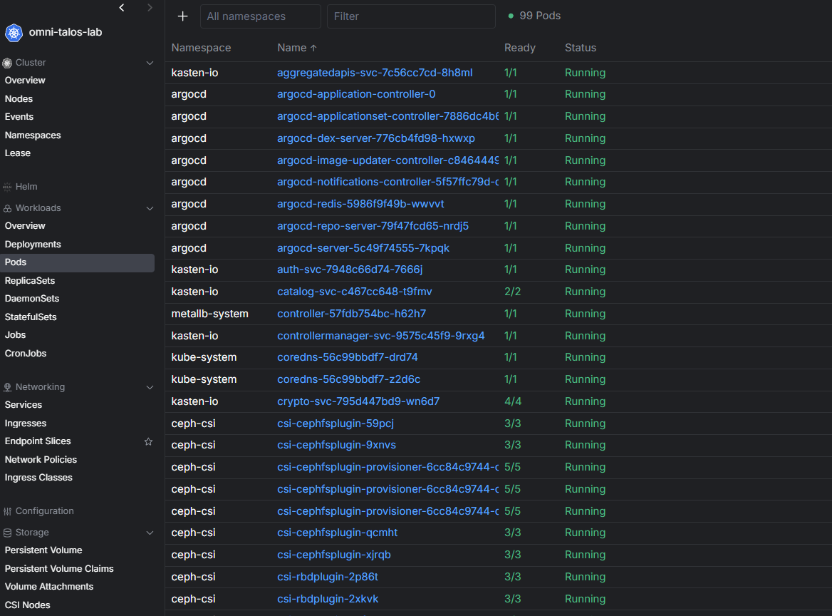 Viewing pods running in a kubernetes cluster in the home lab