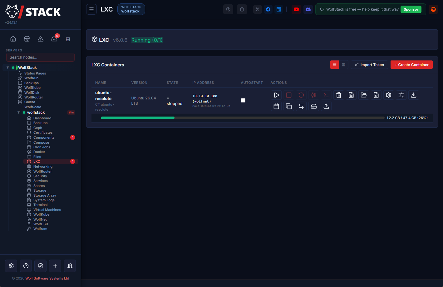 Viewing the new lxc container from the wolfstack ui