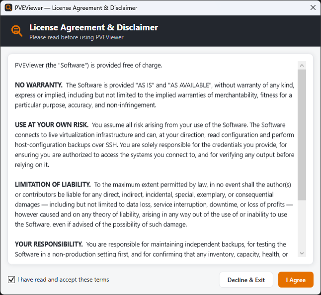 Accept the eula for pveviewer for proxmox inventory and auditing